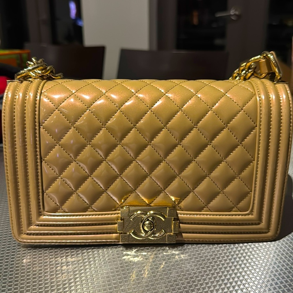 Chanel Iridescent Glazed Calfskin Quilted Old Medium Boy Flap Dark Beige